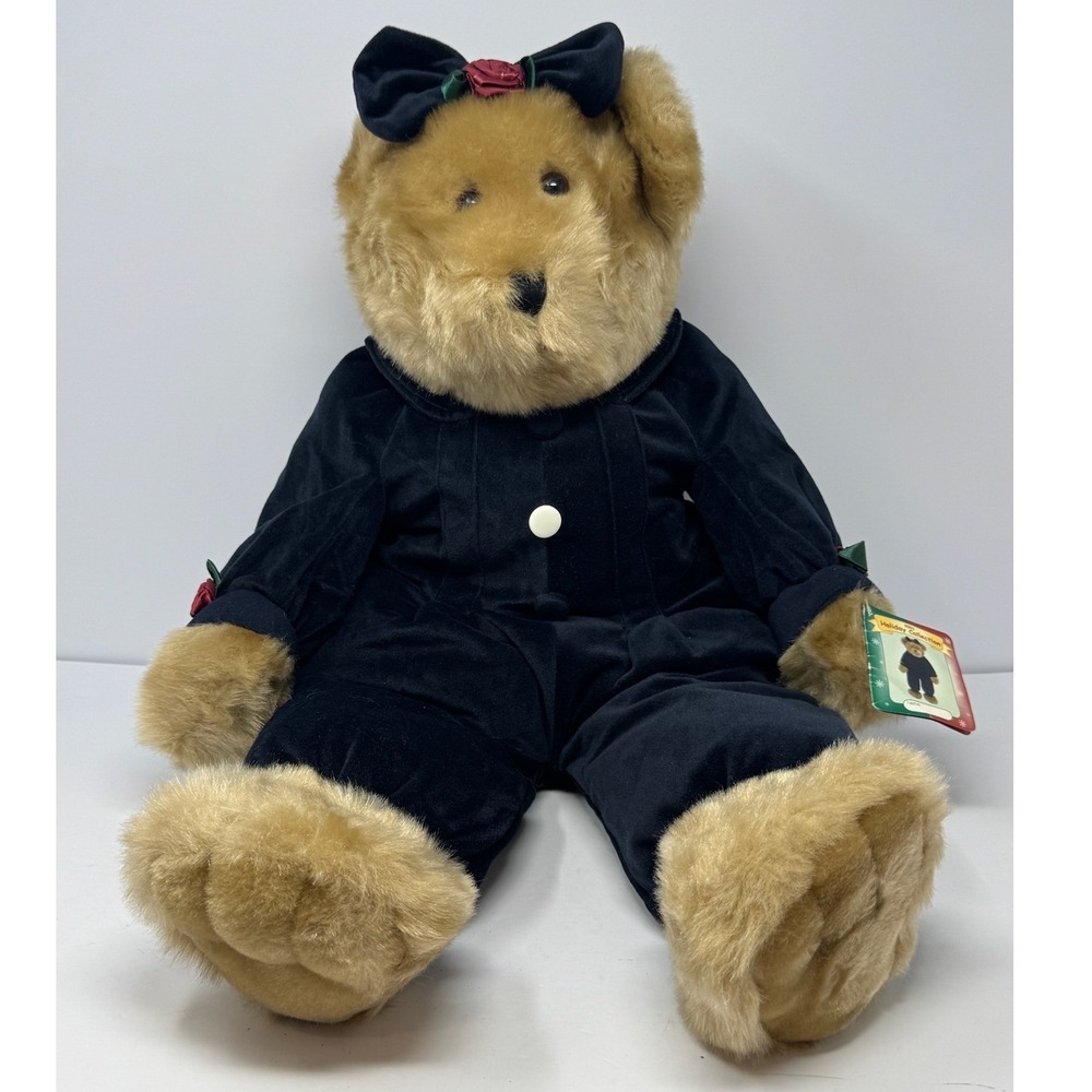 JCPenney 2001 Holiday Collection Teddy Bear Navy Blue Velvet Outfit Rose Accents